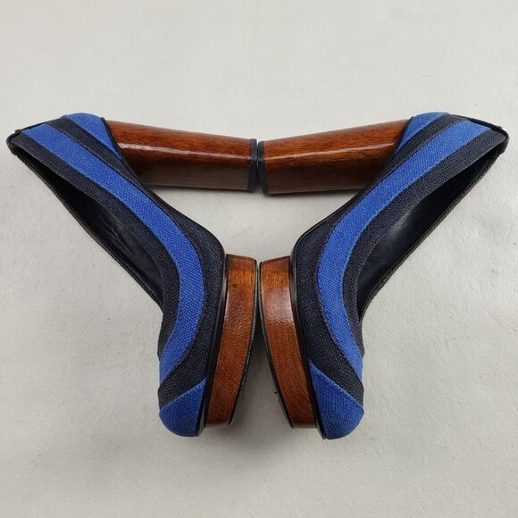 Tory Burch Joelle Wooden Heel Womens 6.5 Blue Fabric Slip On Platform Chunky - Picture 7 of 12